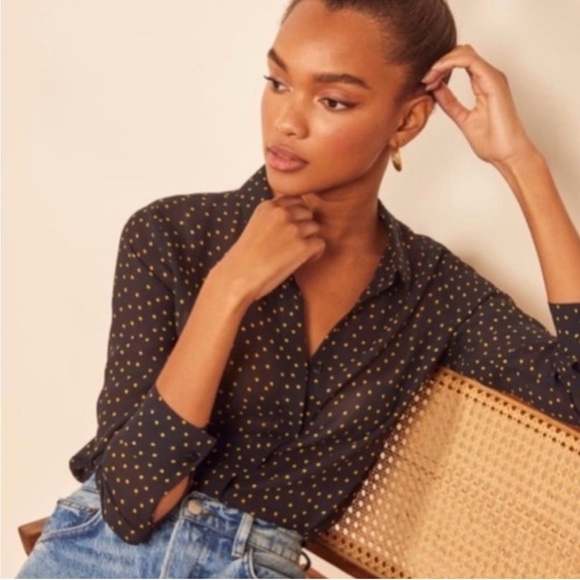 Reformation Blouse Violet L Polka Dot Button Down Long Sleeve Top Black Yellow - Picture 2 of 9
